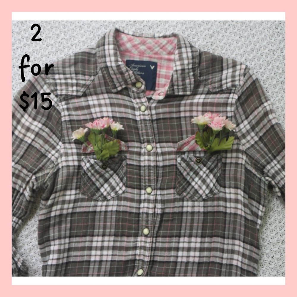 American Eagle Long-sleeve Plaid Button-down (gray, pink) [size 6]